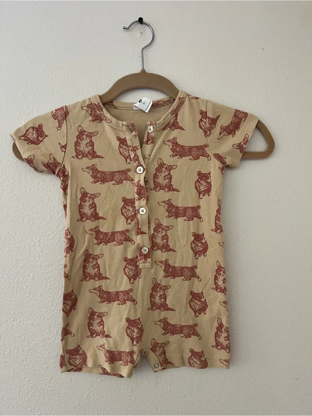kate quinn Tan One-Piece Romper with Rust Corgi Print